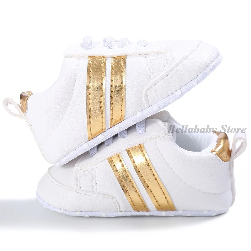 First Walkers Baby Girl Gold Shoes autunno PU Leather Toddler Boy Sneaker scarpe da neonato nere a righe Outdoor Soft antiscivolo