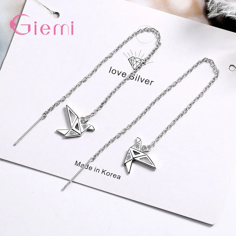 925 Sterling Silver Thousand Paper Crane Drop Earrings for Women Girl Crystal Jewelry Fashion Long Dangle Earring Jewellery