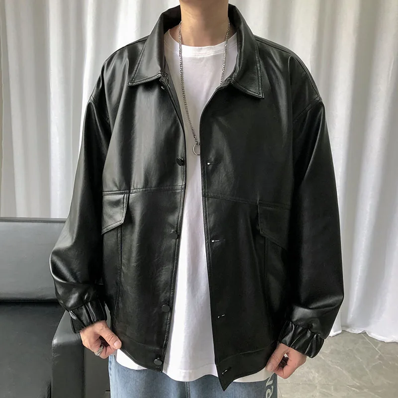 2022 Spring New Loose Soft Leather Jacket Single Breasted Jacket Men Casual Biker Jacket Men Jacket Leather Large Size XXL