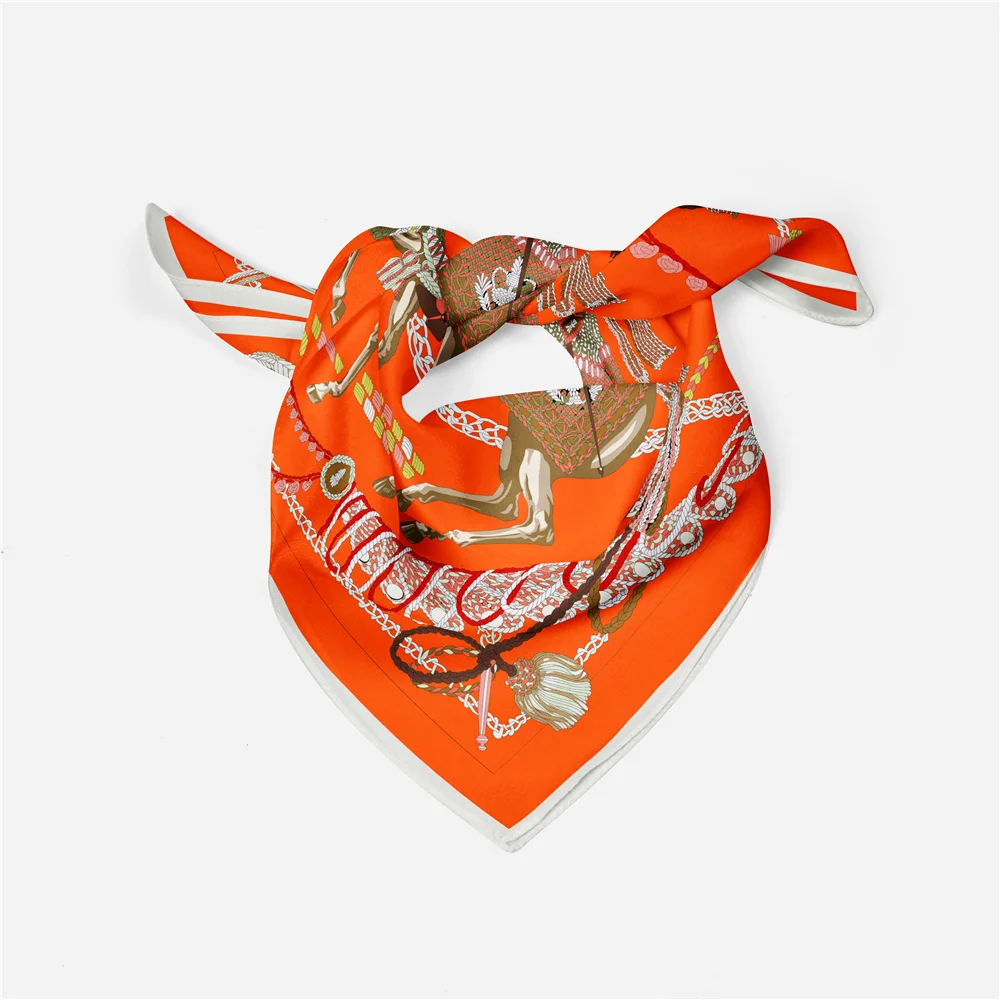 Twill Silk Scarf Woman Tassel Horse Print Square Scarves Wraps Bandana Small Hijab Silk Foulards Lady Tie Headband Neckerchief