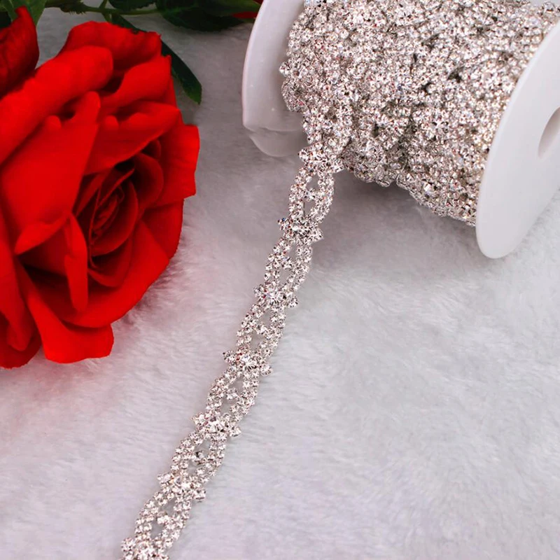 

10Yards Simple Rhinestone Trim Gold Silver Rose Crystal Chain For Wedding Dress Cake Decoration