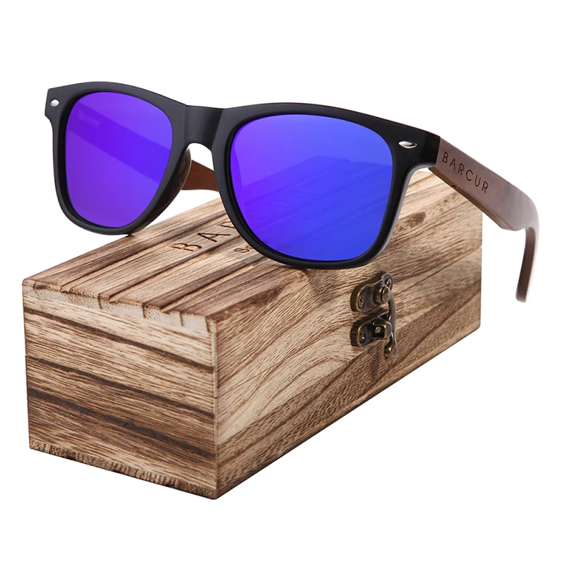 BARCUR Sonnenbrille aus schwarzem Walnussholz für Herren, polarisiert, hochwertige quadratische Sonnenbrille für Herren, UV400, Brillenzubehör, Originalverpackung – Detail 10