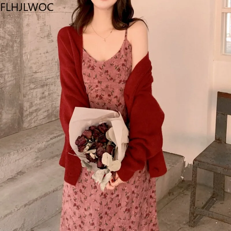 Chic Korea Feminine Vestidos Women New Year Red Matching Outfits Autumn Fall New Japan Girls Pink Long Cotton Corduroy Dress