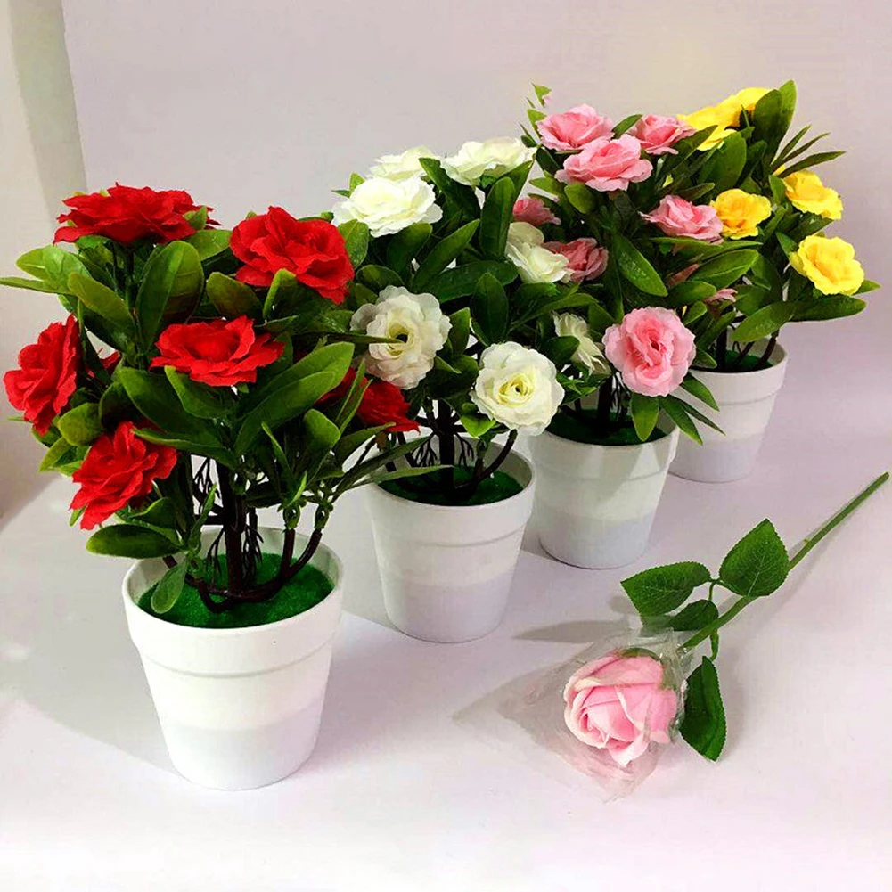 1Set Artificial Flower Plant Rose Potted Bonsai Office Garden Desktop Ornament Decor Artificial Flowers in Pot For Home Decor