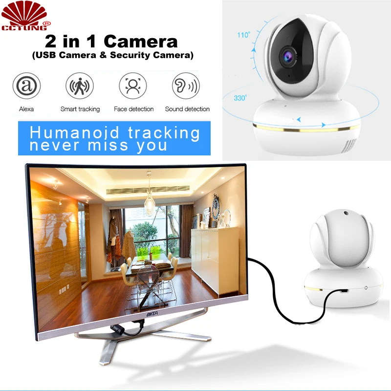 3MP PTZ USB Webcam for Online Video Demo Show & Remote Home Alarm Wifi Security Camera with Smart AI Voice Control by AMZ Alexa