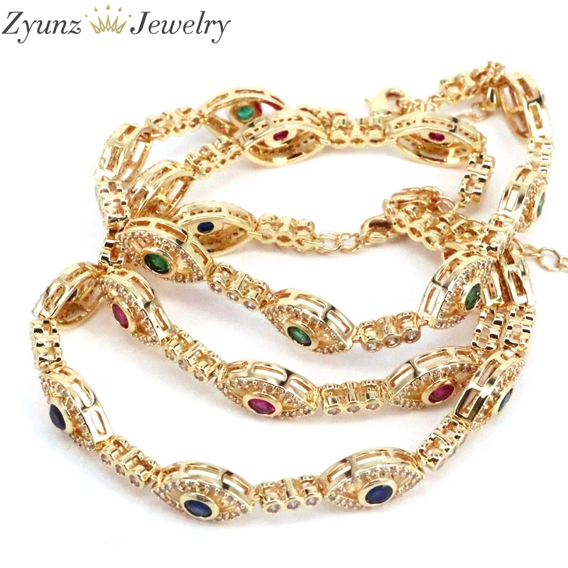 3PCS, Gold Color micro pave cz eye charm beads linked bracelet for girl women fashion jewelry