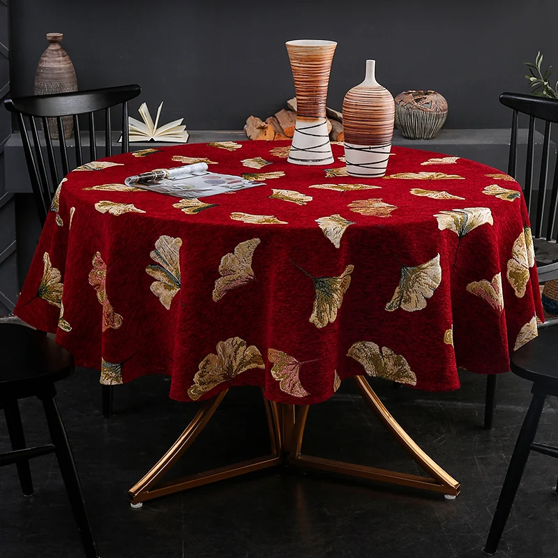 Chenille New Chinese Style Round Luxury Tablecloth Wine Red Blackish Green Ginkgo Leaf Pattern Table Cover Dining Table Cover