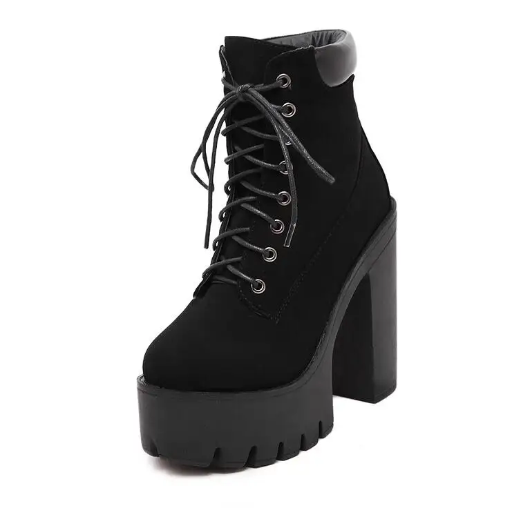 Sexy Fashion Spring Autumn Platform Ankle Boots Women Lace Up Shoes Thick Heel Platform Boots Ladies Worker Boots Black Big Size