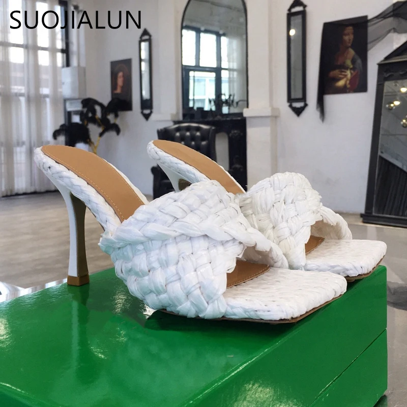 SUOJIALUN 2021 Summer Women Slipper Fashion Brand Weave Slides Ladies Elegant Thin High Heel Sandal Dress Pumps Shoes Big Size41