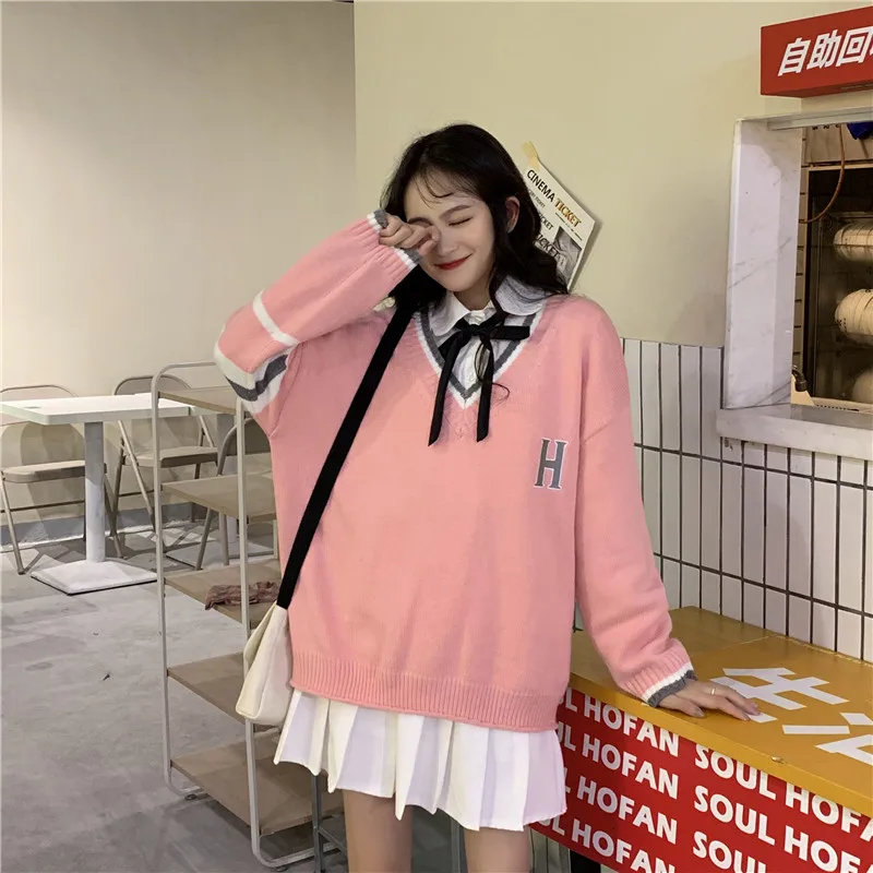 Hot Chic Harajuku giapponese Vintage stile Preppy maglione donna autunno nuova moda coreana sciolto semplice scollo a v maglione Casual da donna