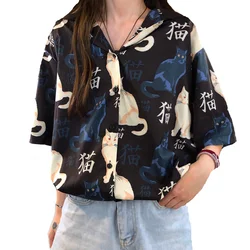 2024 Summer Cute Blouses Women Japanese Casual Turn Collared Kawaii Cat Printed Girls Tops Vintage Button Up Short Sleeve Shirts