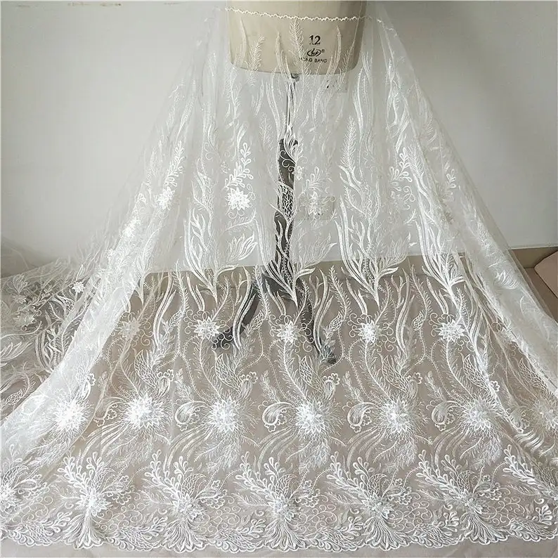 

Leaf Lace Fabric, Flower Tulle Mesh Lace Fabric, Sequined Embroidery Lace Fabric For Veils, Evening Gowns, Girl Dress