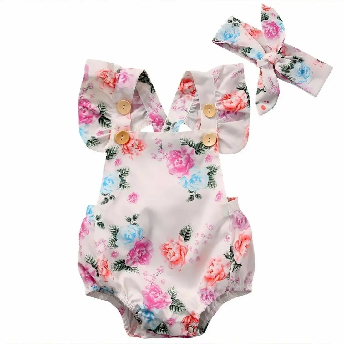 Bebê meninas floral bodysuit menina macacão curto sem mangas roupas bodysuit + bandana sunsuit bebê crianças roupa recém-nascido 2 pçs conjunto