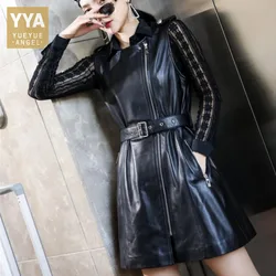 Motorcycle Bikers Genuine Leather Dress Women Punk Style Zipper O Neck Sleeveless Black Dresses Sashes Slim Streetwear Female