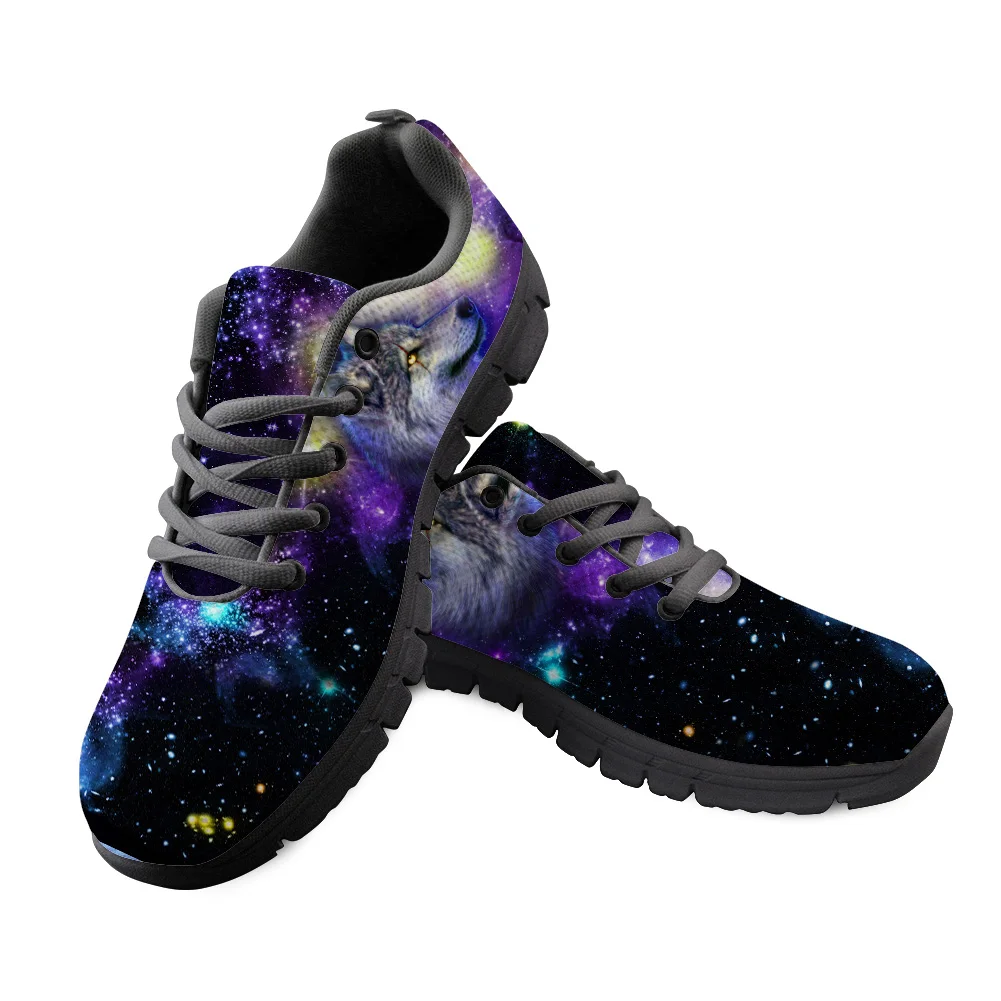 

Fashion 3D Women Flats Sneakers Galaxy Wolf Designs Breathable Ladies Lace-up Walking Shoes Mesh Flat Shoes for Teenager