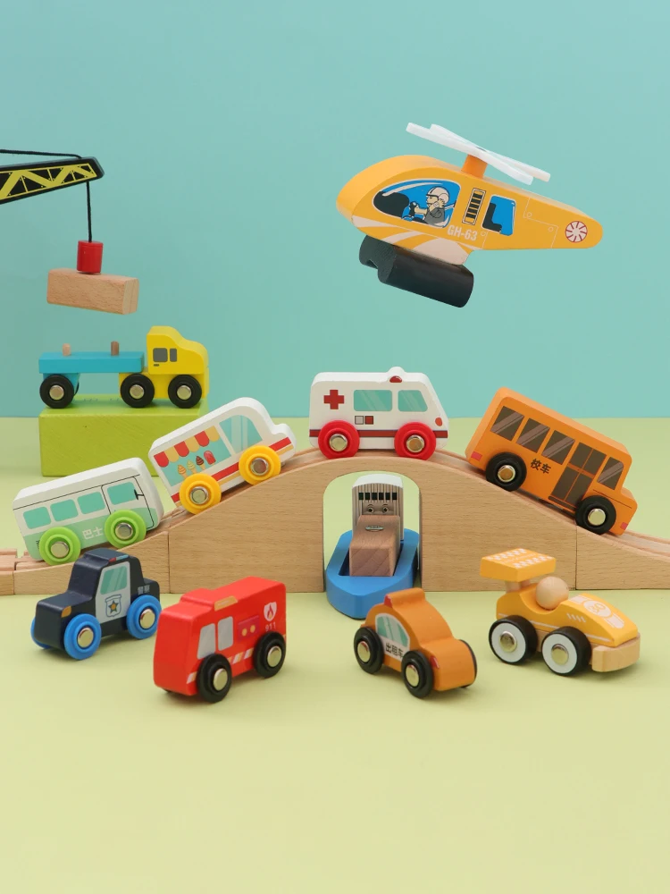 Wooden Railway Track Diecast Car Airplane Toy Wooden Train Track Toys Rail Simulation Inertia Car Educational Children\'s Toy