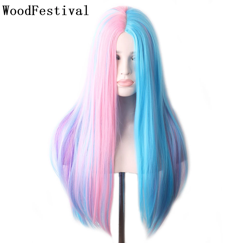 WoodFestival Synthetic Hair Cosplay Wigs For Women Ombre Blonde Colored Party Pastel Wig Straight Long Dark Brown Blue Pink