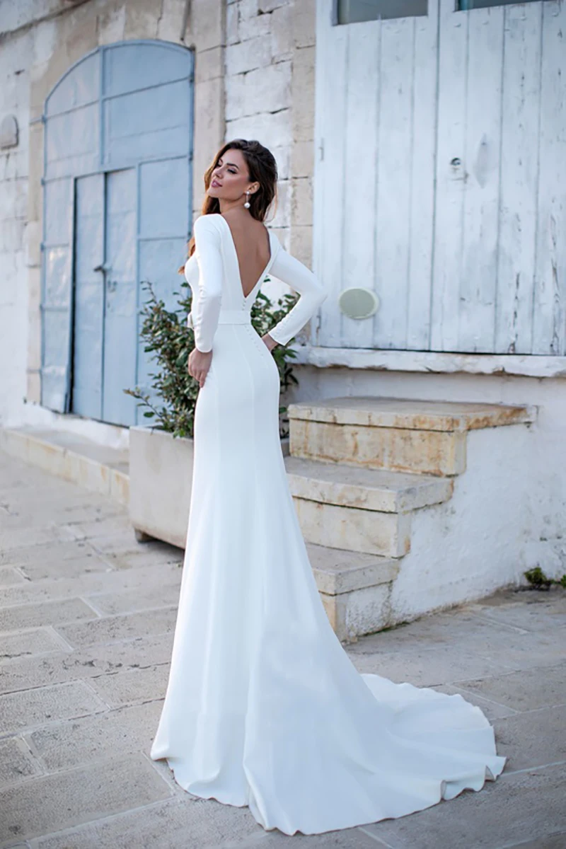 Robe De mariée sirène à manches longues, tenue De mariage Simple, dos nu, élégante, boutons, nouvelle collection, 2023