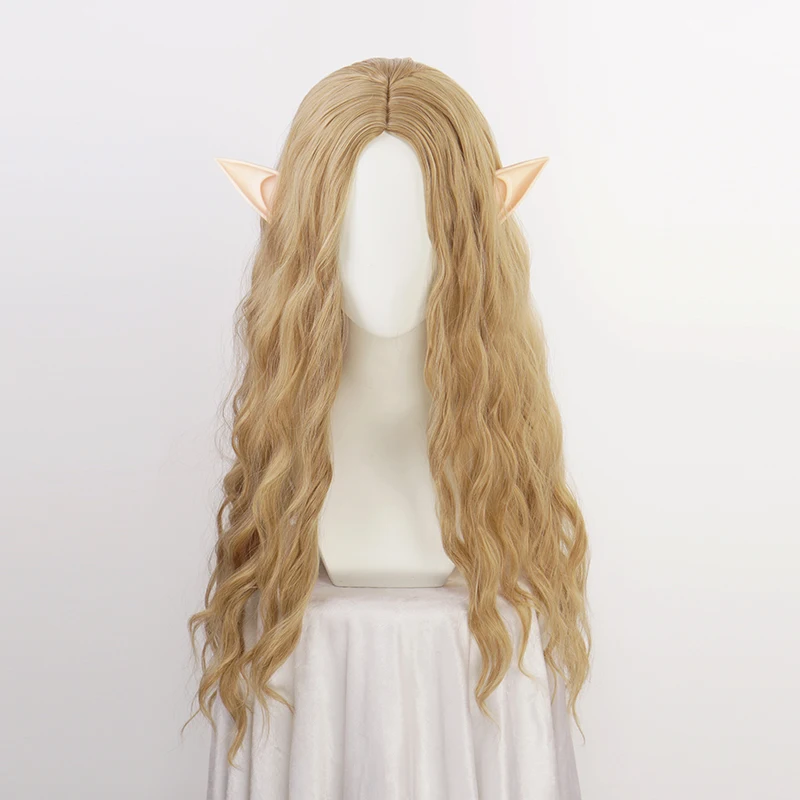 70cm Long Galadriel Wig With Ears Women Girl Role Play Blonde Wavy Synthetic Hair Elf Queen Cate Blanchett Wigs + a wig cap