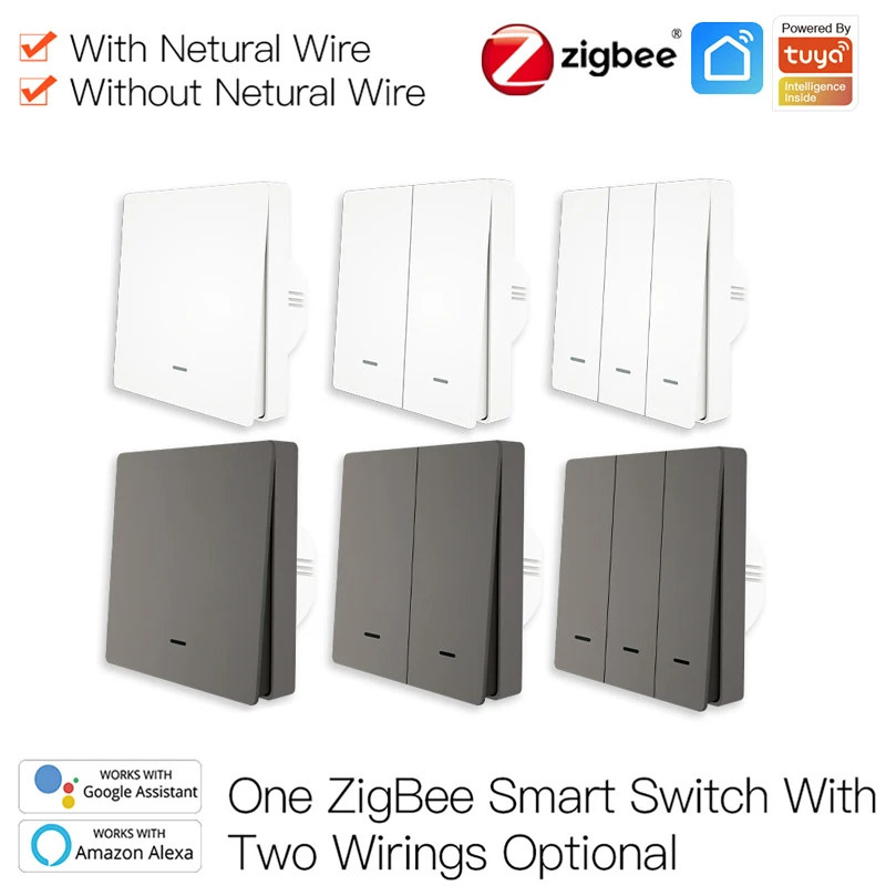 Tuya ZigBee Smart Light Switch No Neutral Wire No Capacitor Needed Smart Life 2/3 Way Works with Alexa Google Home 2mqtt