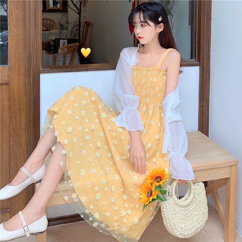 White Fresh Floral Mid-Length Strap Dress Fairy 2021 New Summer Spring Two-Piece Set fairy dress