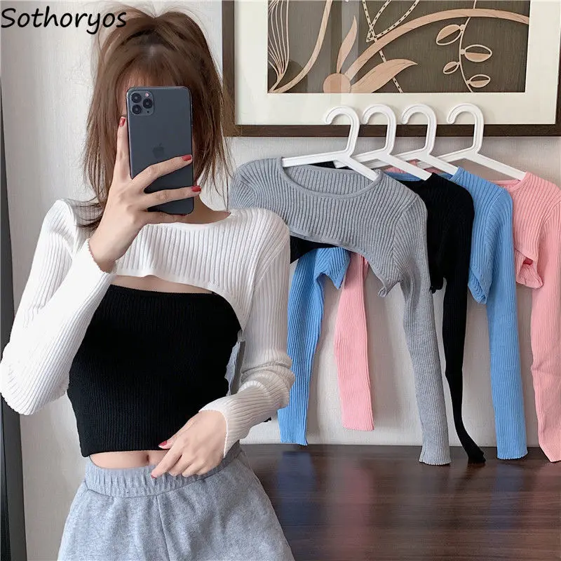 Women Shrugs Solid Candy Color Sweet Crop Top Slim Knitwear O-neck Hot Girls Soft Hipster Casual Females All-match Long Sleeve