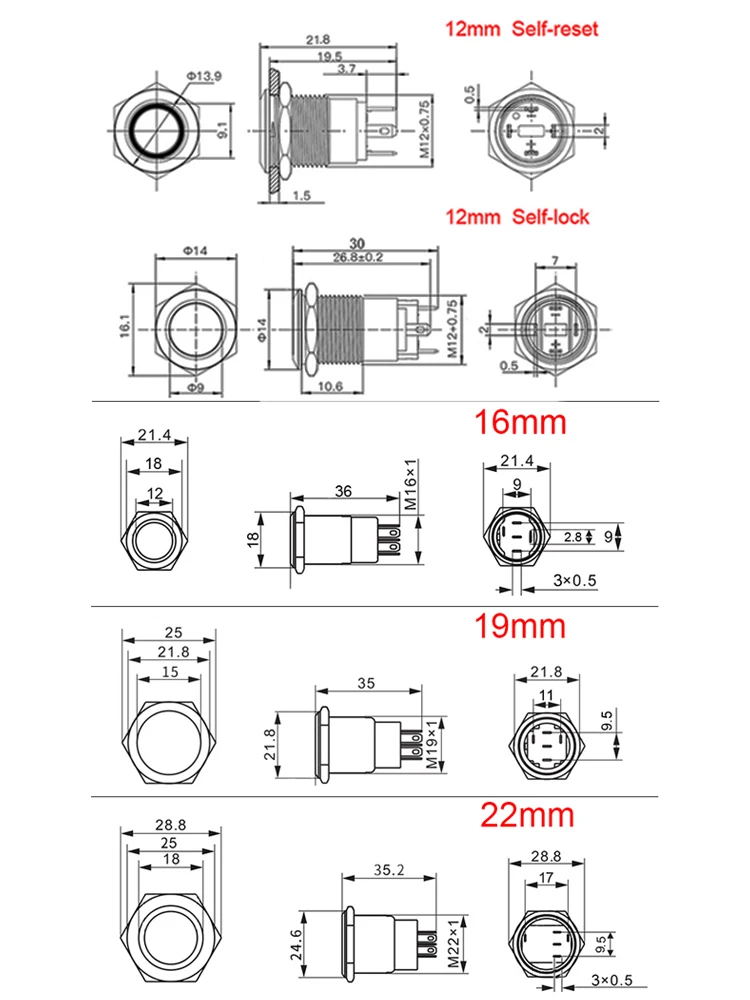 Ledライト付き防水金属製押しボタンスイッチ,12/16/220mm,5v,12v,24v,220vカーエンジンパワースイッチ,赤と青