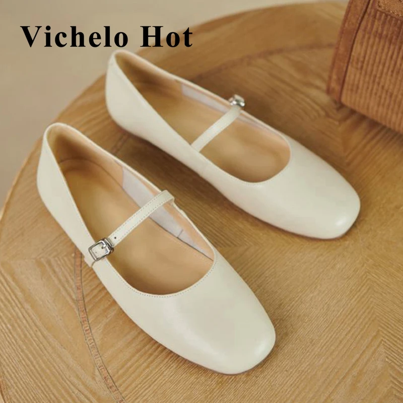 

Vichelo Hot genuine leather round toe vintage women flats Korean street beauty daily wear fashion buckle straps soft shoes L59