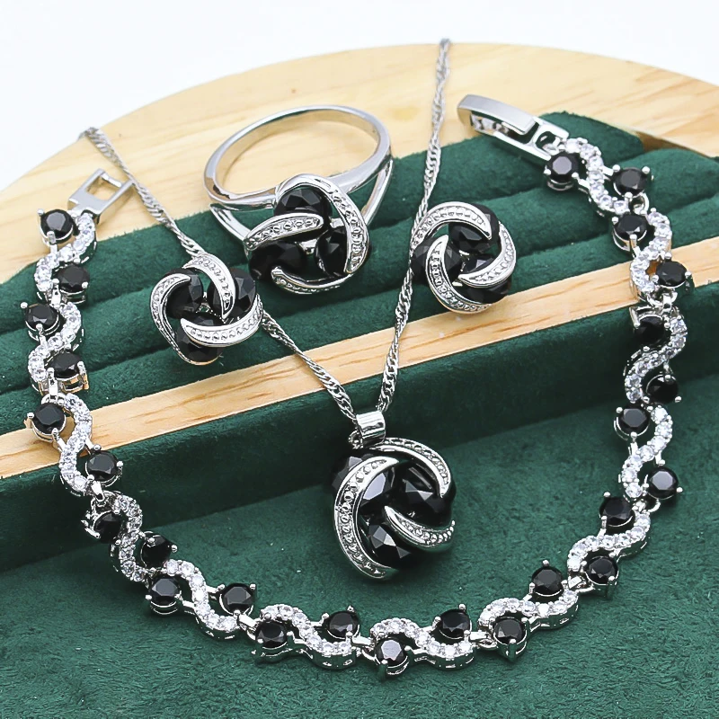 925 Silver Jewelry Sets For Women Wedding Black Zircon Bracelet Earrings Necklace Pendant Ring Christmas Gift 4PCS