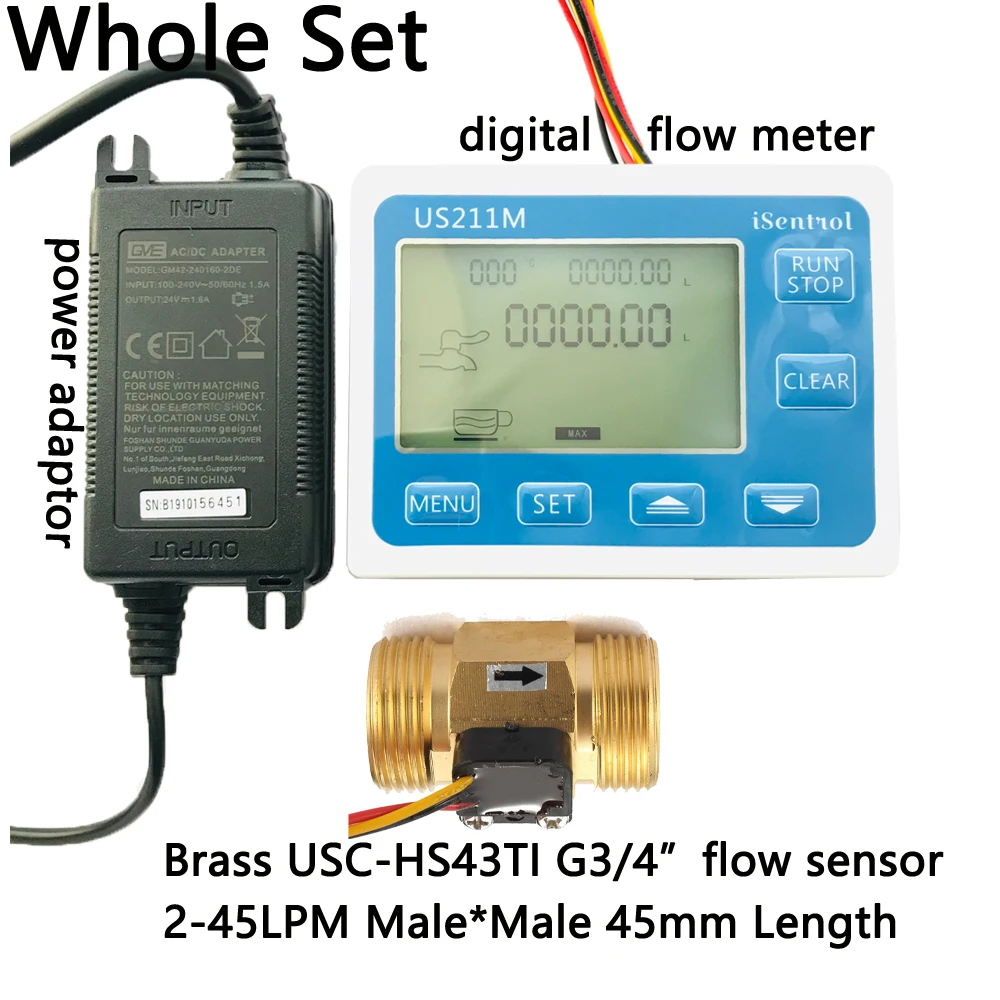 

US211M USC-HS43TI Water Flow Meter Digital Hall Water Flow Sensor Reader with Brass 2-45L/min hall water flowmeter turbine