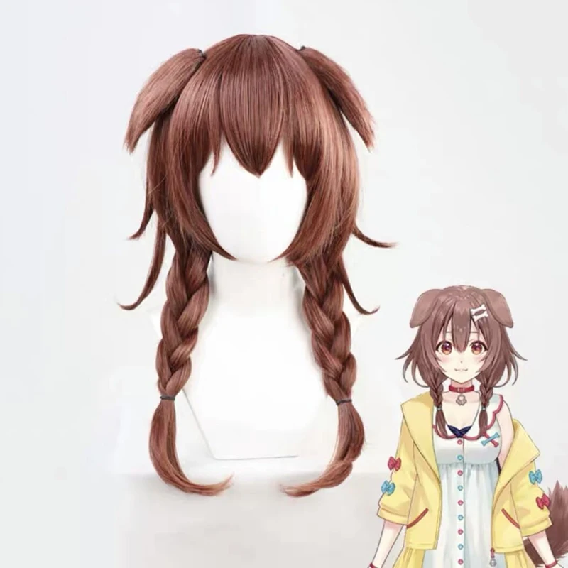 VTuber Inugami Korone Cosplay Wig Hololive Gamers Girl Ears Long Wavy Braided Hair Brown Braids Synthetic Hair + Wig Cap