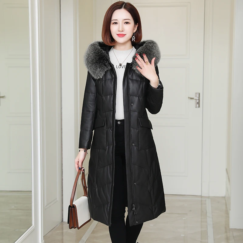 

2020 Genuine Leather Jacket Women Long Winter Sheepskin Coat Fox Fur Collar Hooded Luxury Leather Jackets Women KJ3549