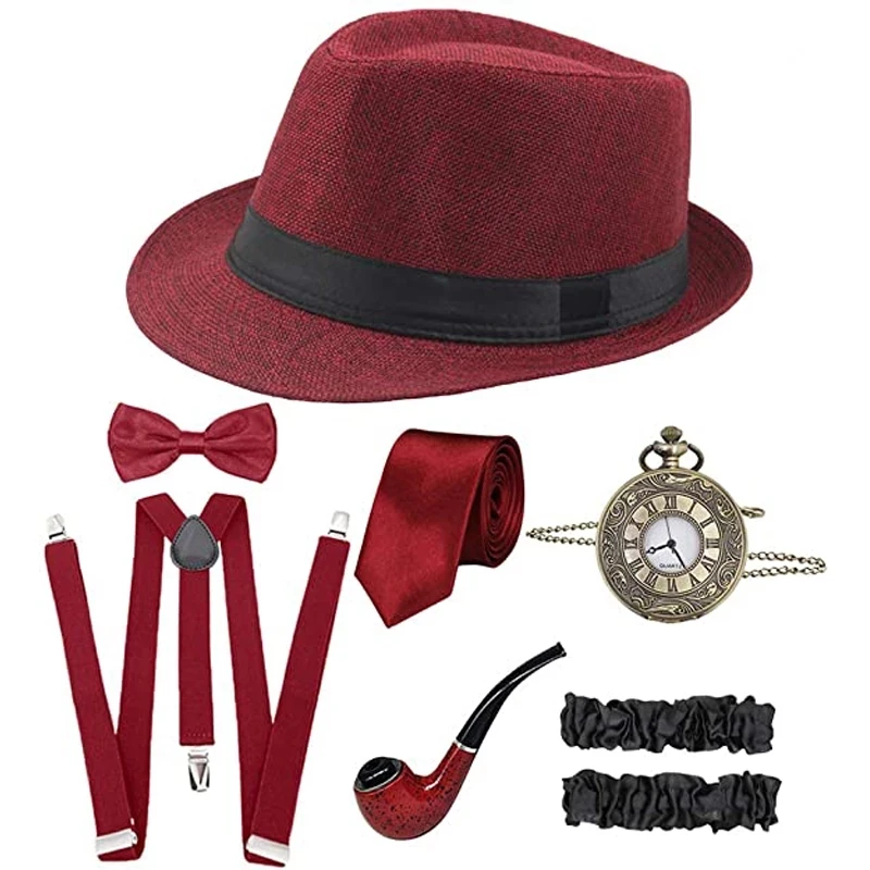 Halloween Great Gatsby Cosplay Kostüm 1920s Mens Gangster Zubehör Set - Fedora Hut Newsboy Hosenträger Armbinden Gebunden Bowtie