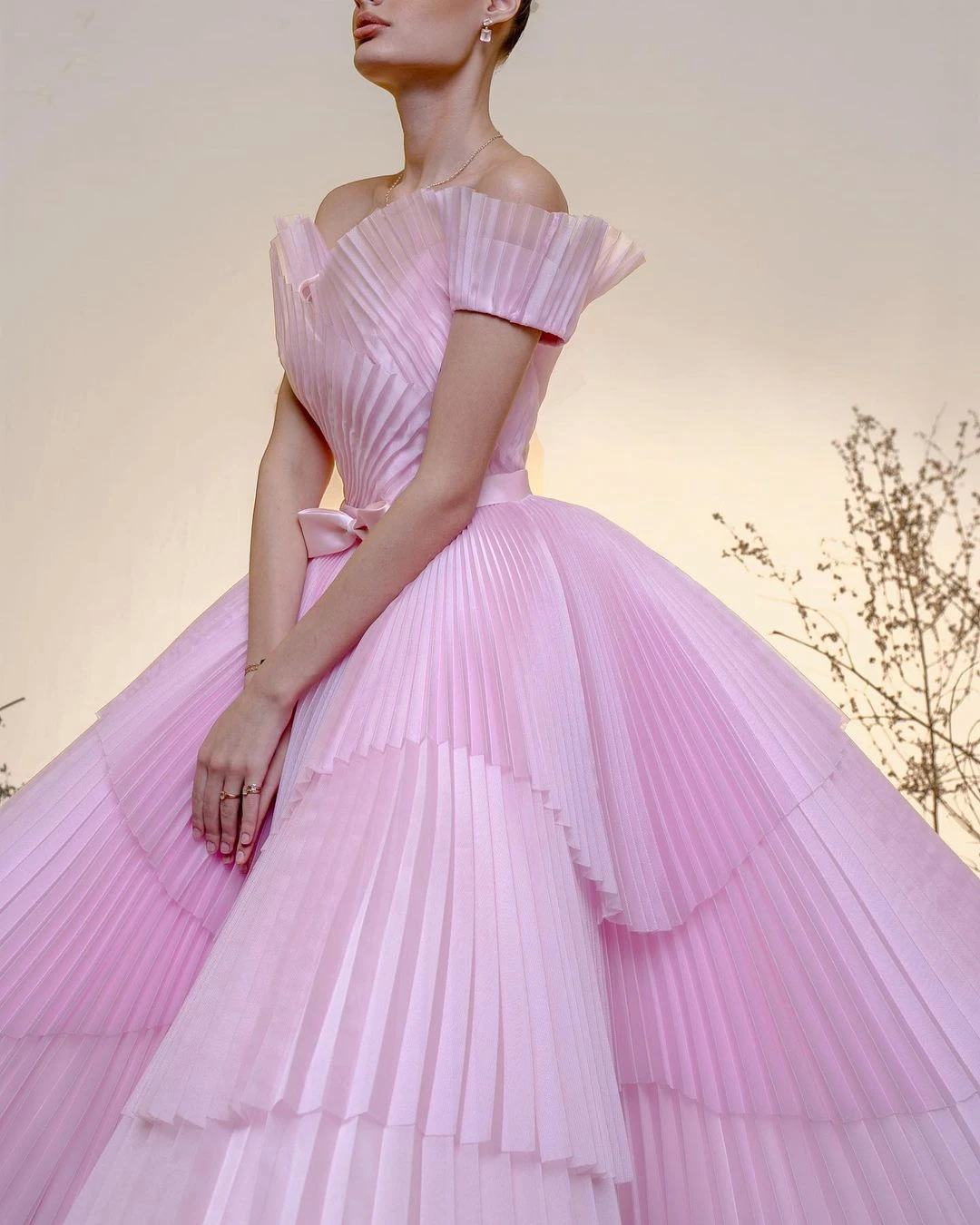 Fairy Baby Pink Off-The-Shoulder Sweetheart See-Through Prom Dress Bowknot Sash Ankle-Length Layered Mesh Ball Gown Formal Dress