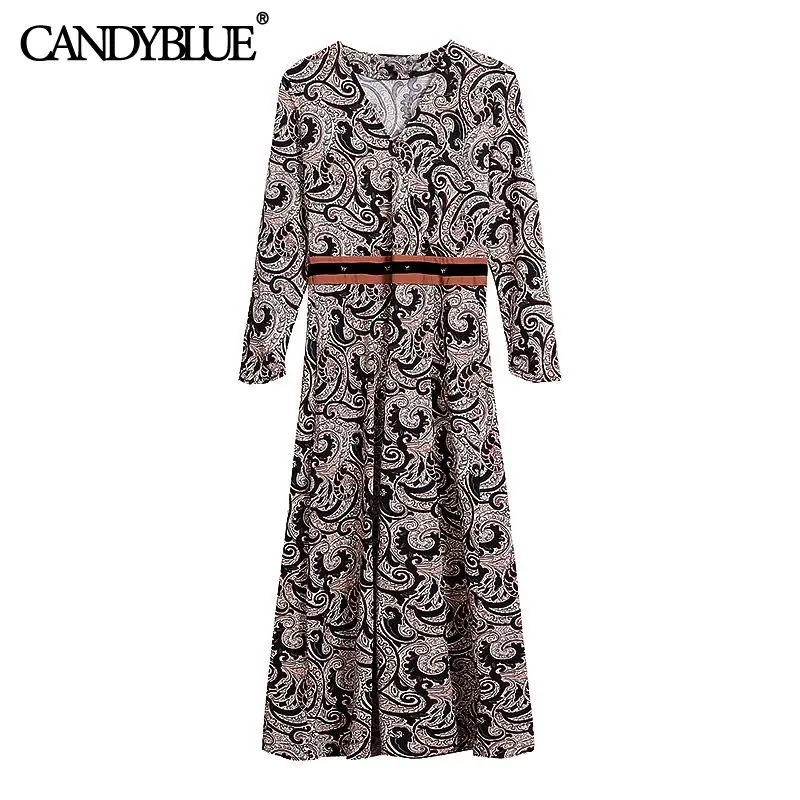 Retro ethnic print dress 2022 spring new fashion nine-point sleeves knee-length large size high waist V-neck dress female