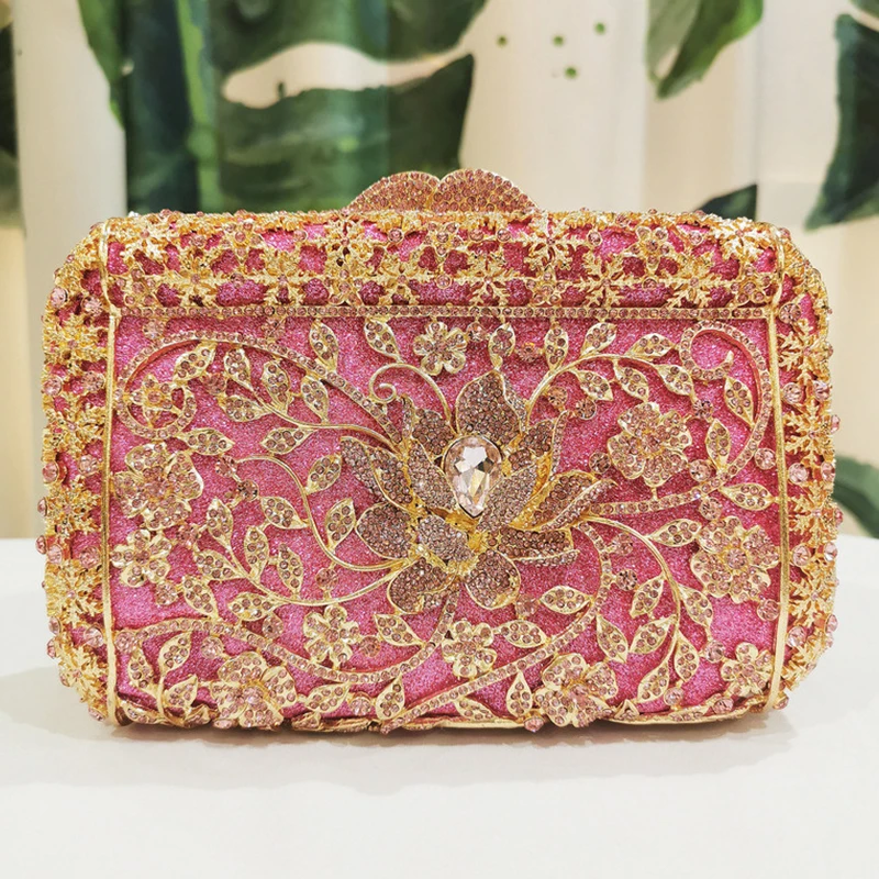 

Hollow Out Gold Metal Purse Pink Flower Diamond Evening Clutch Bag Wedding Handbags Women Crystal Rhinestone Bridal Clutches