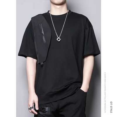 Dark summer loose zipper stitching personalized uniform design round collar black and white casual short-sleeved t-shirt male