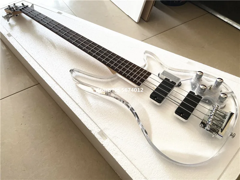 High quality custom version 4 string acrylic crystal transparent plexiglass electric bass guitar LED color flicker.Free shipping