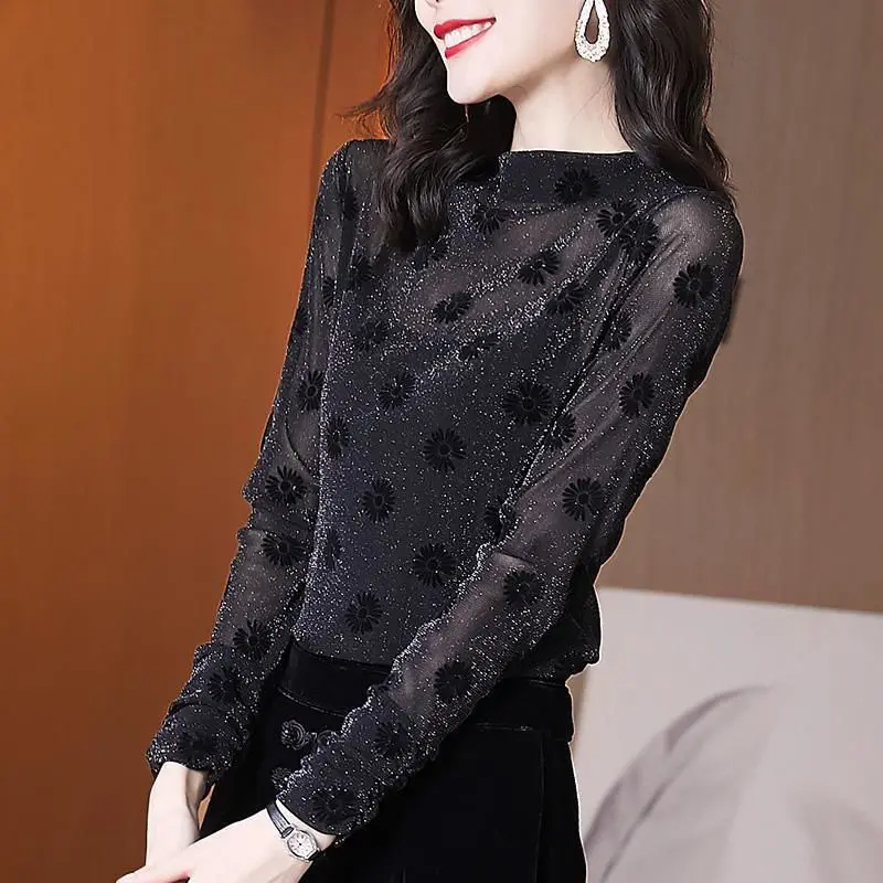 Women's Spring Autumn Style Blouse Shirt Women's Turtleneck Polka Dot Long Sleeve Sequined Korean Elegant Tops SP1096