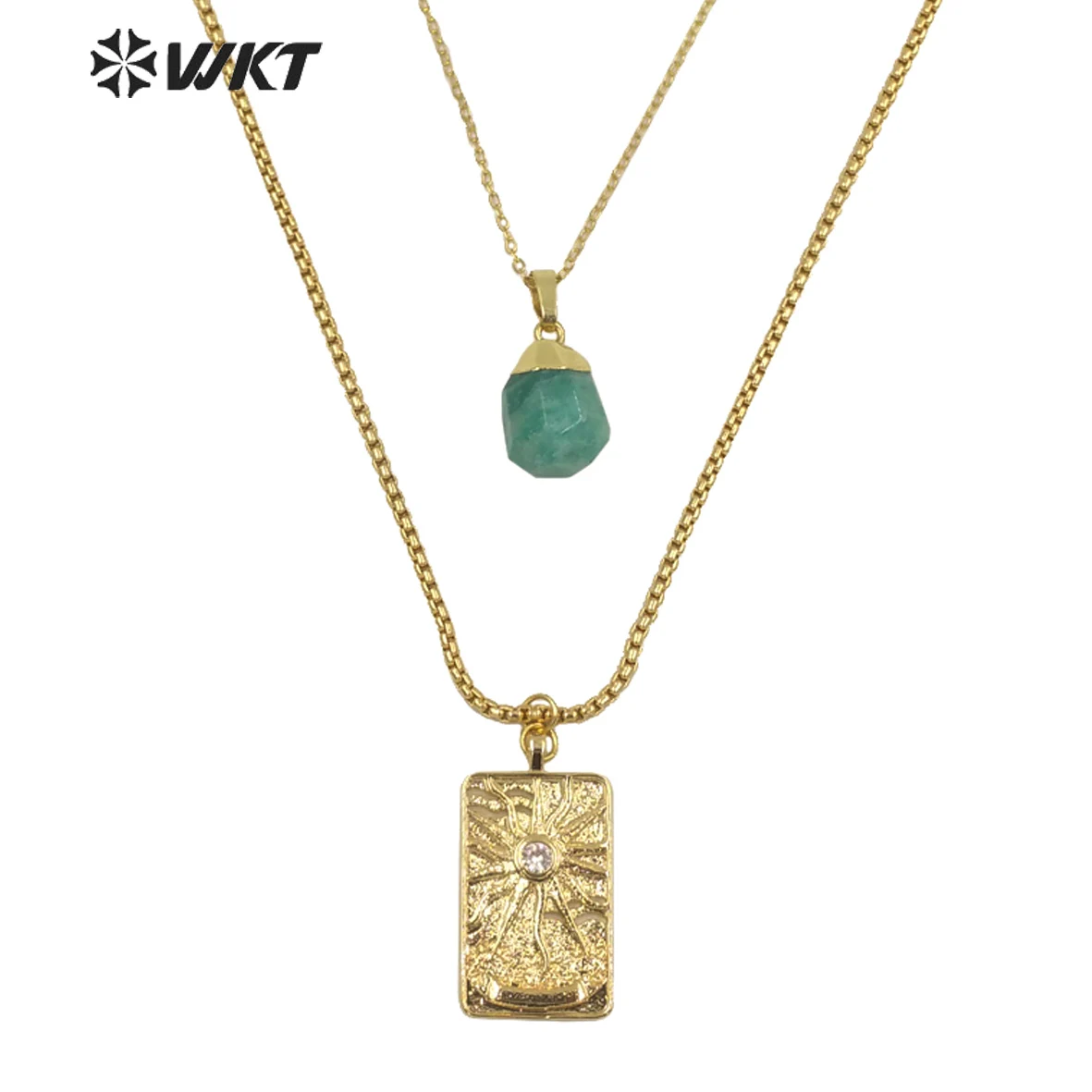 WT-N1280 Fashion Women Double Layer Chocker Chain Square Gold Color Metal Coin Stone Necklace Stone Charm Necklace 24inch