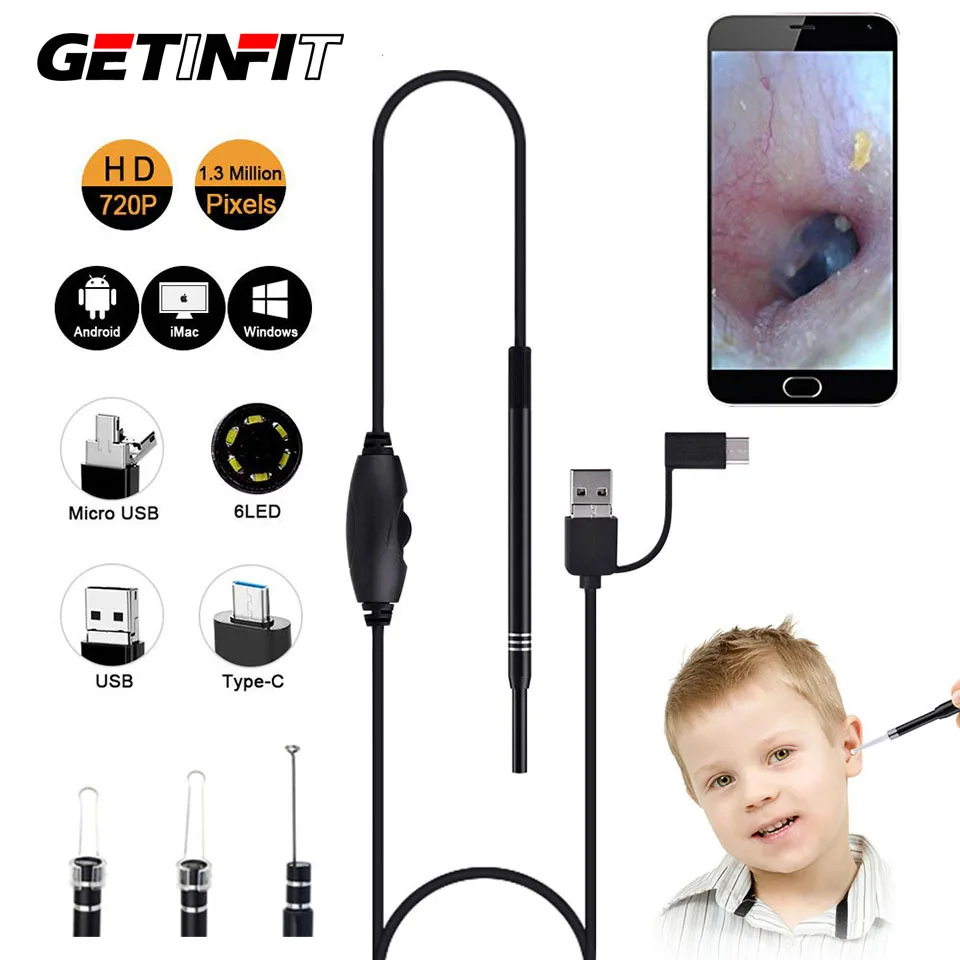 Medical In Ear Cleaning Endoscope Spoon Mini Camera Ear Picker Ear Wax Removal Visual Ear Mouth Nose Otoscope Support Android PC