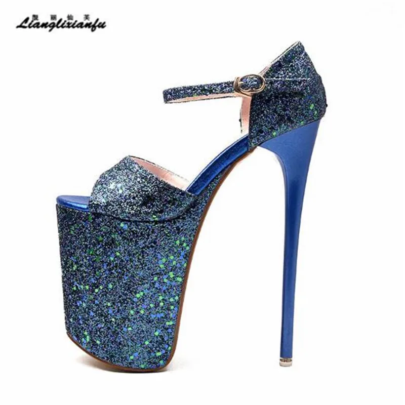 Crossdresser Stiletto Bling Sandals 20cm Thin high heels Sequins Nightclub show platform shoes woman pumps Chaussures Femme