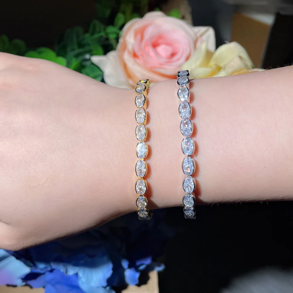 CWWZircons Exquisite Shiny White Oval Cubic Zircon Gold Color Tennis Bracelets for Women Wedding Party Jewelry Accessories S0167