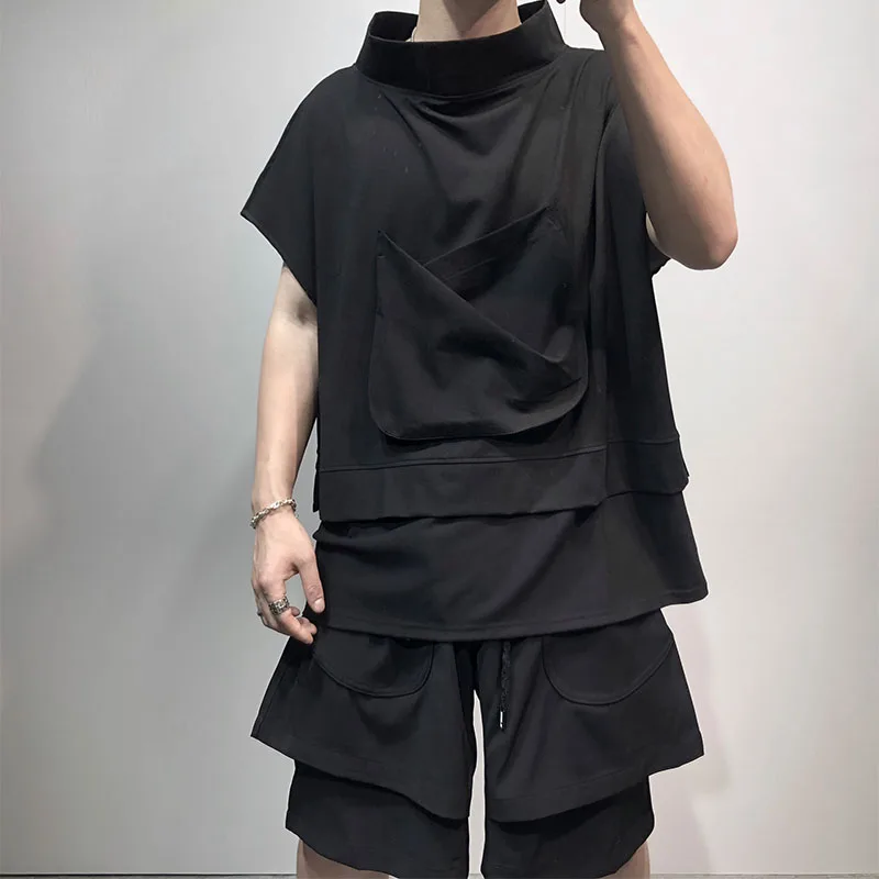 Men's Sleeveless T-Shirt Vest Summer Korean Version Loose Irregular Design Stand Collar Casual Hip Hop Large Size Vest