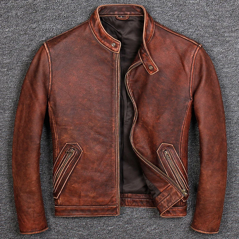 Leather Real Jacket Men Motorcycle Genuine Leather Vintage Sheepskin Coat Cowhide Plus Size Chaqueta Cuero Hombre 1906