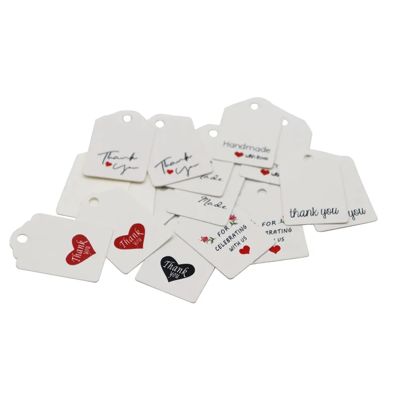 100 pezzi 3x2cm fatti a mano grazie Tag etichette di carta Kraft bianca scarpe per indumenti borse appendere Tag pacchetto carte sacchetti di