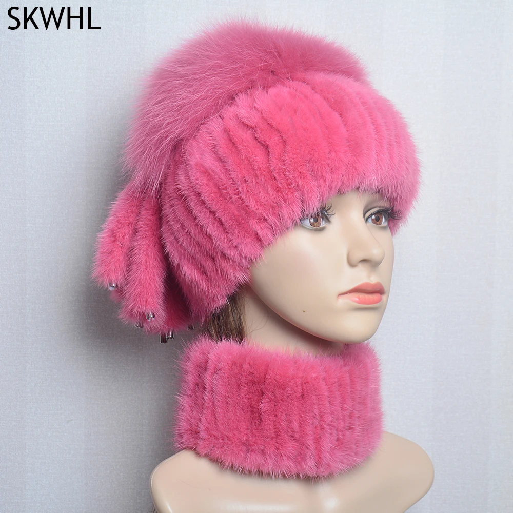 

Winter Beanie Hat Scarf Set For Women Knitted Outdoor Warm Real Fur Scarf Hat Sets Real Fox Fur Skullies Beanies Hat Scarf Set