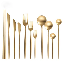 Spklifey Gold Cutlery set Forks Knives Spoons Chopsticks Stainless Steel Gold Dinnerware Set Western Tableware Flatware set