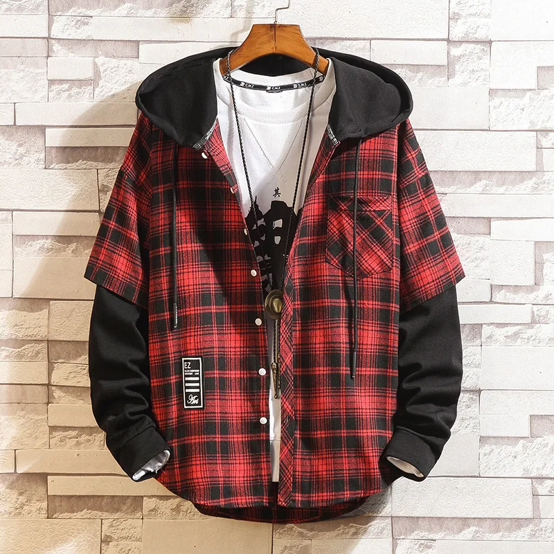 Autumn 2024 Hood Plaid Shirt Men Long Sleeves Fashion False Two Piece Loose Streetwear Casual Shirts For Men Plus Size