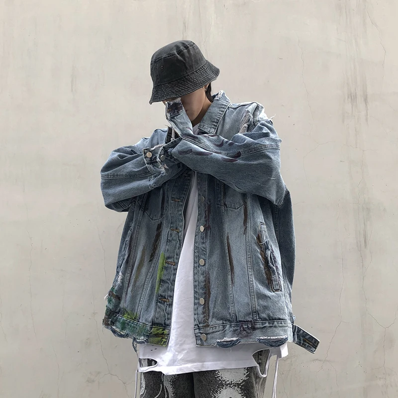 

2021 spring and autumn new tide brand coat Guochao Harajuku hip-hop graffiti black jeans jacket lovers men and women